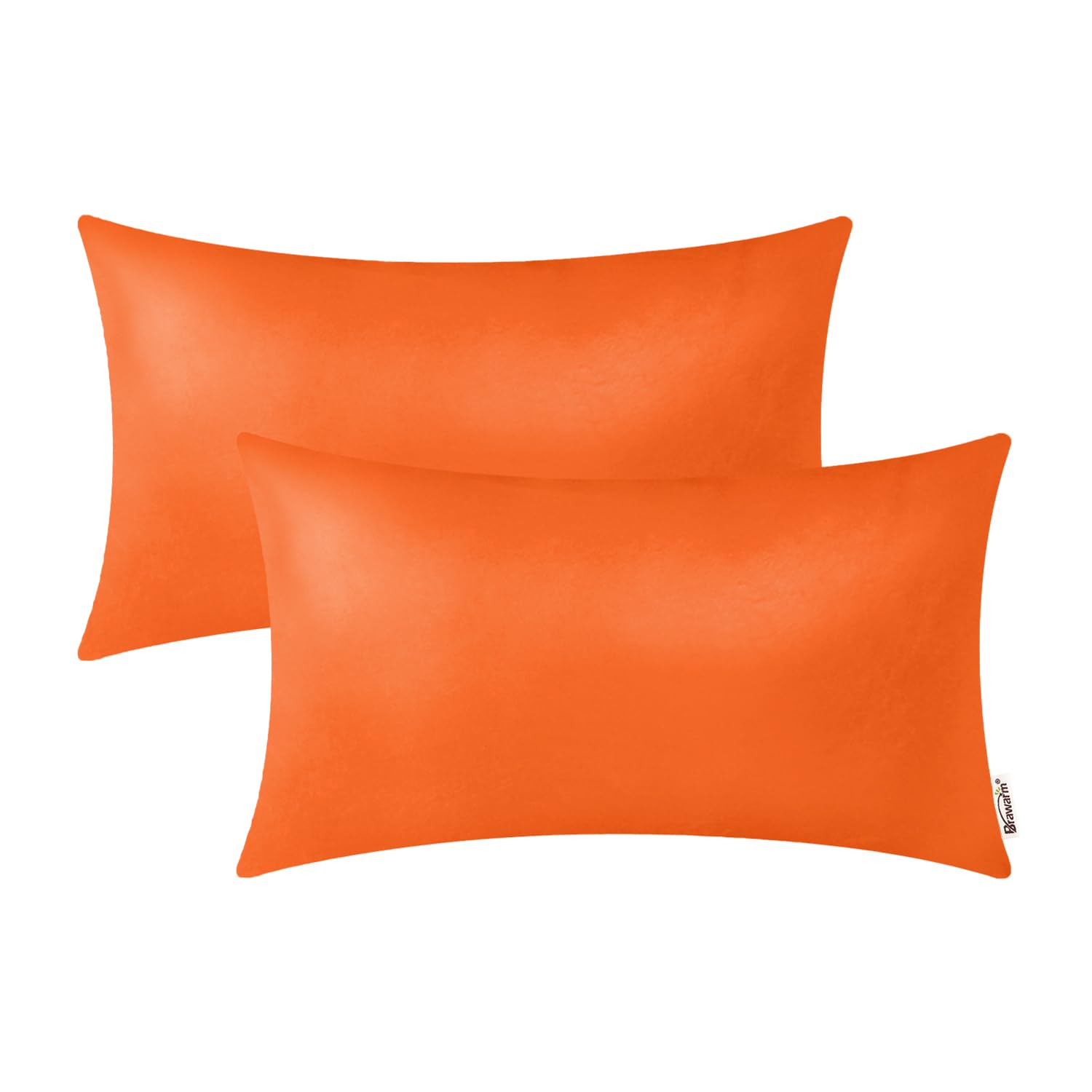 Brawarm Faux Leather Throw Pillow Covers 12 X 20 Inches - Orange Leather Lumbar Pilow Covers Pack Of 2, Solid Dyed Leather Pillo